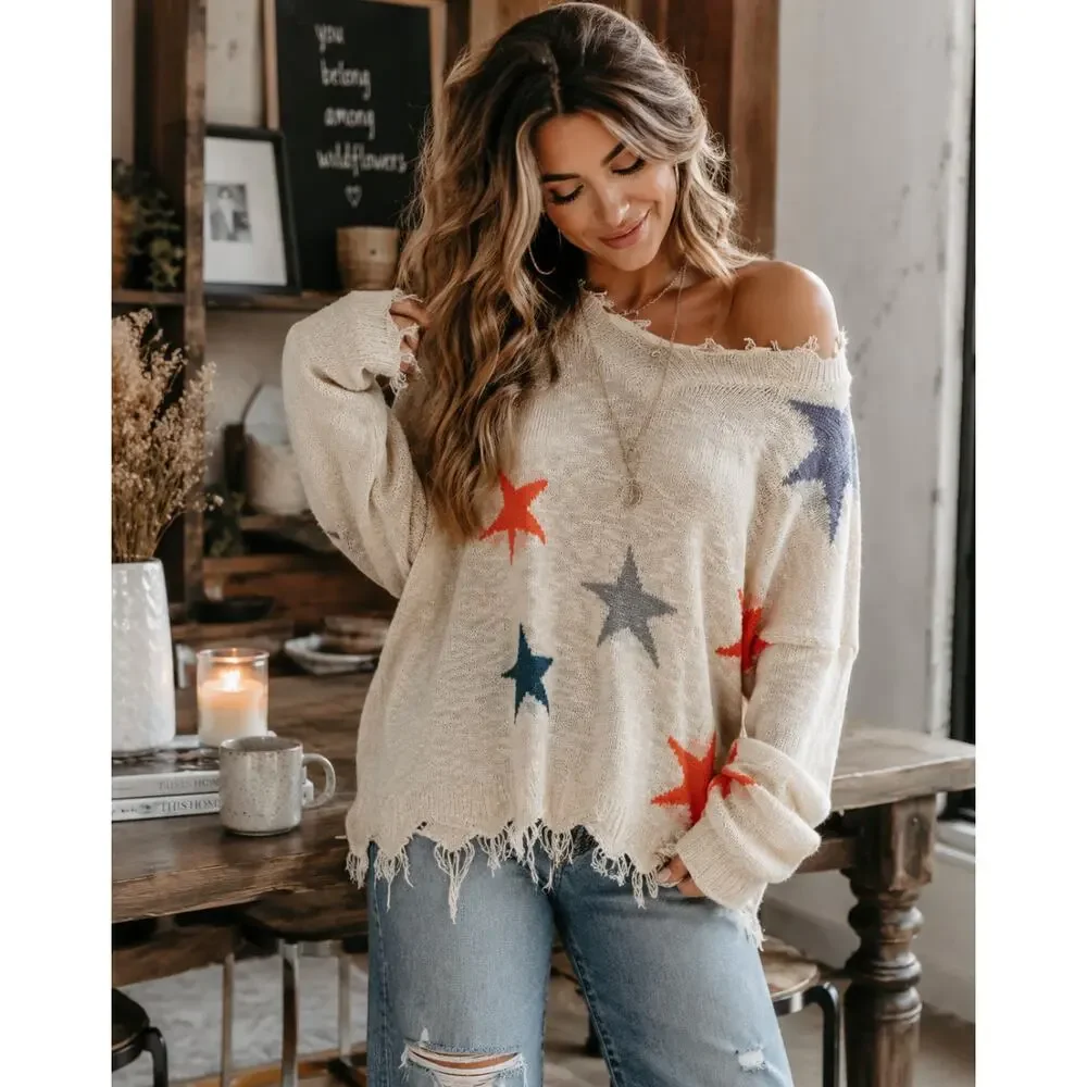 Main Strip Star Distressed Sweater Scoopneck Preppy Teacher Funky Oversized M